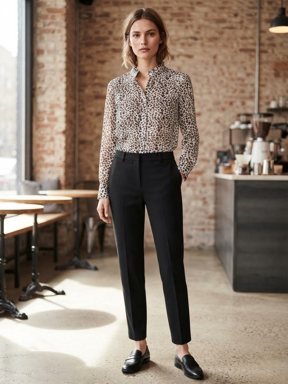 H&M Leopard-Print Long-Sleeve Blouse - Cream and Brown - Picture 2 of 3
